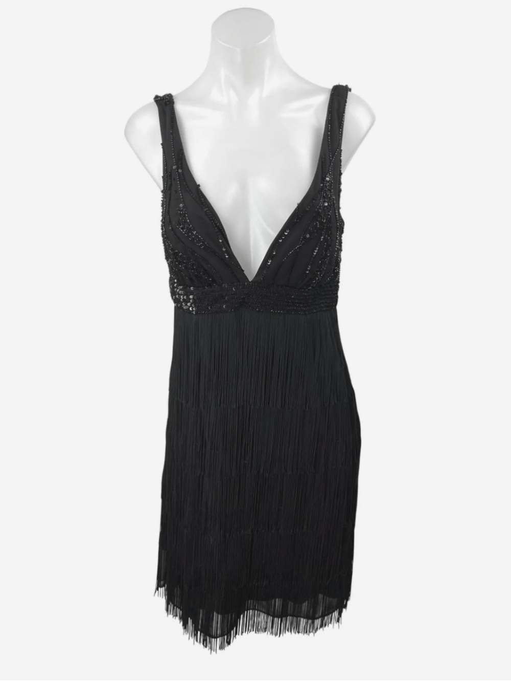 Marina Black Sequin Sleeveless Deep V-Neck Fringe Tank Sheath Mini Dress Size 8